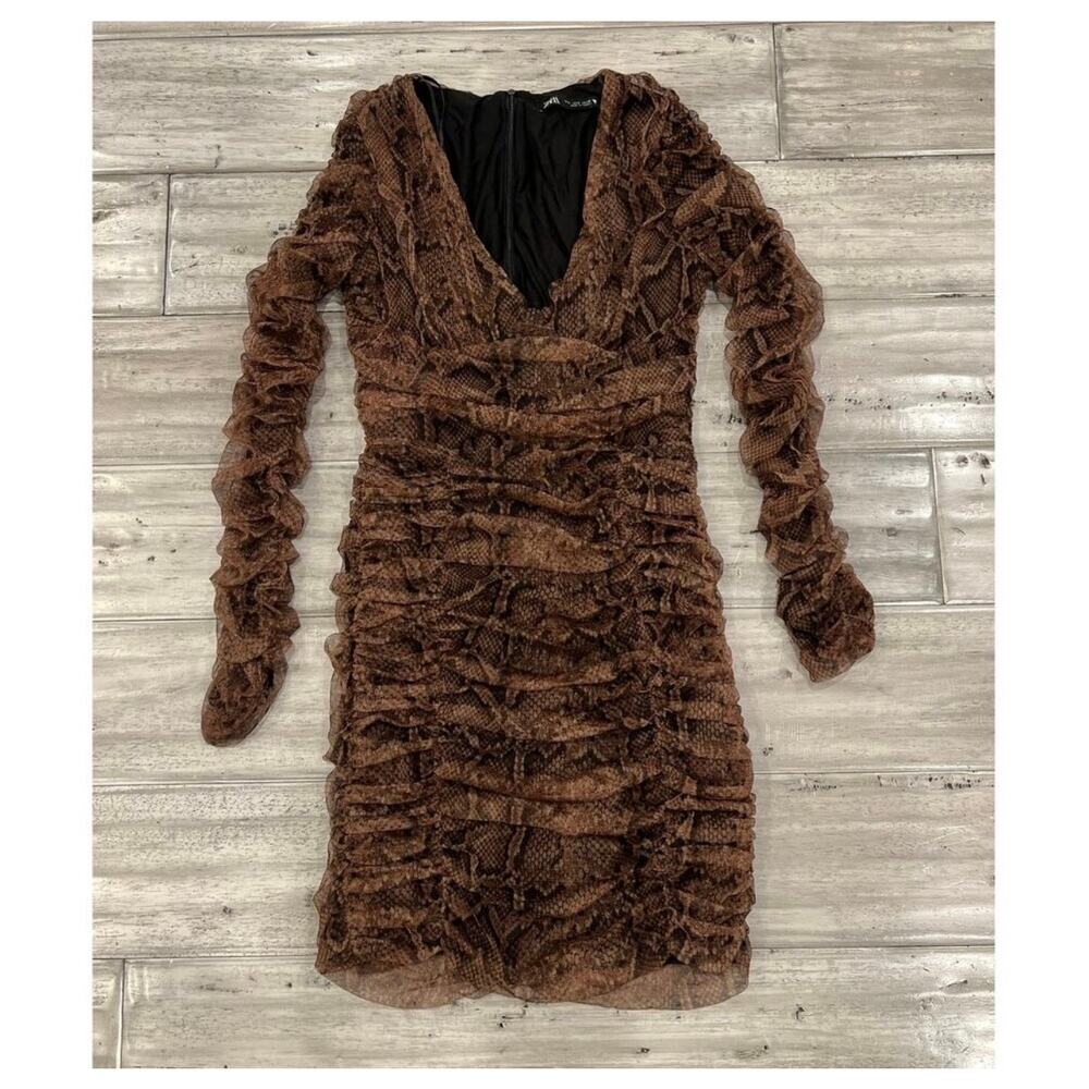 Zara Brown Snake Print Ruched Mesh Mini Dress Long Sleeve Bodycon Euro Siren S - Picture 9 of 14